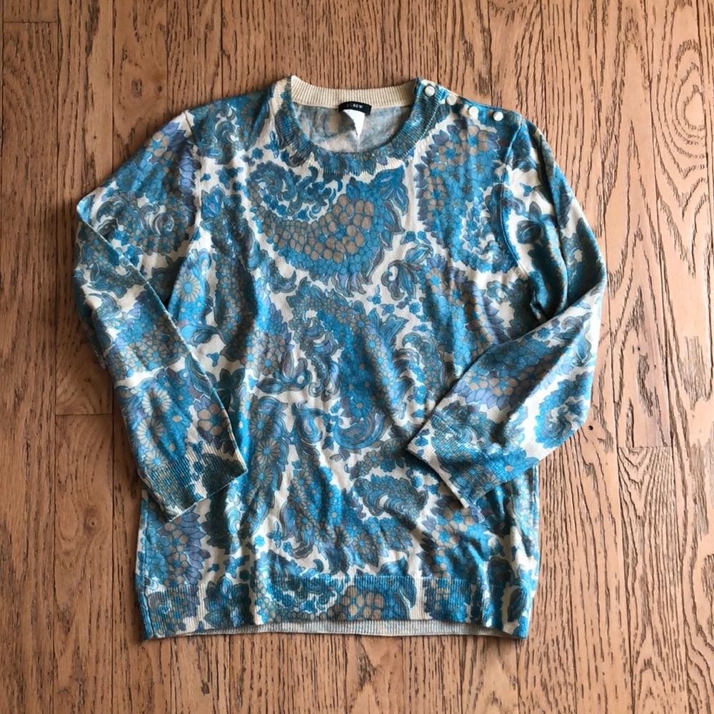 J Crew wool sweater Print Button at Shoulder Lrg EUC